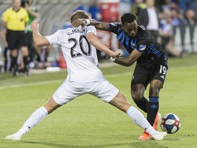 Montreal Impact's Omar Browne (19) challenges Minnesota United's Rasmus Schuller (20) during second half MLS soccer action in Montreal, Saturday, July 6, 2019.