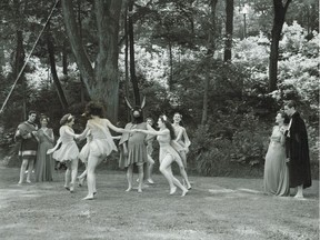 A Midsummer Night's Dream on Mount Royal 1947. Story about the production appeared in the Gazette on July 12, 1947, with the play slated to open July 16. Cast of the Open Air Playhouse rehearses on Mount Royal near the shores of Beaver Lake. The play was staged in aid of the Canadian Cancer Society and was the first performance of the Open Air Playhouse. Bottom was played by Whitfield Aston, with Christopher Plummer as Lysander.