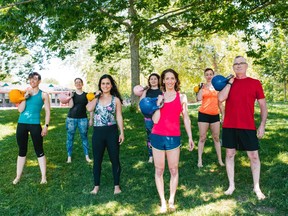 Fitness fans warm up with kettlebells for the first Wellness Weekend, to be held Sept. 13-15 in the Laurentians. From left: Madeleine King, Michelle Rodine, Bita Paydar, Cristina Flores, Maxine Grossman, Cristina Gonzalez, Lochie Bisaillion.