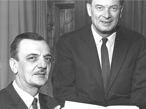 André Laurendeau, left, and Davidson Dunton present the preliminary report of the royal commission on bilingualism and biculturalism in February 1965. The commission's creation was announced in July 1963.