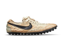 The Nike "Moon Shoe" one of only about 12 pairs of the handmade running shoe designed by Nike co-founder and legendary Oregon University track coach Bill Bowerman, is seen in this Sotheby's image released on July 11, 2019.