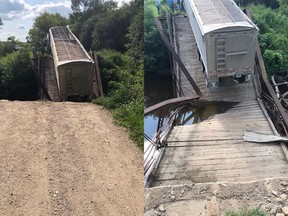 A truck is seen on a collapsed bridge near Northwood, North Dakota, U.S. July 22, 2019 in this image obtained from social media.