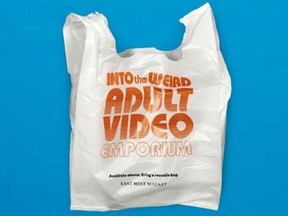 An example of one of the slogans used on East West Market's plastic bags.
