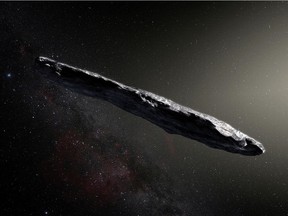 This artist's impression shows the first-known interstellar object to visit the solar system, 'Oumuamua, which was discovered on October 19, 2017, by the Pan-STARRS 1 telescope in Hawaii, U.S., with subsequent observations from ESO's Very Large Telescope in Chile and other observatories around the world. European Southern Obervatory/M. Kornmesser/Handout via REUTERS ATTENTION EDITORS - THIS IMAGE HAS BEEN SUPPLIED BY A THIRD PARTY.