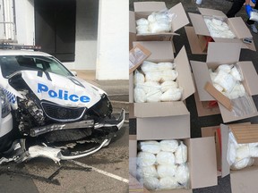 A NSW Police handout photo shows the wreckage of a police patrol car after it was hit by a van laden with methamphetamines outside a police station in Eastwood, north of Sydney in Australia July 22, 2019.