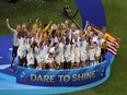 The USWNT takes the stage after their win at the 2019 FIFA Women's World Cup France Final match between The United States of America and The Netherlands at Stade de Lyon on July 07, 2019 in Lyon, France.