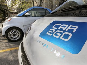 Car2Go vehicles parked in a lot on St. Jacques St. at University in Montreal Monday May 04, 2015.