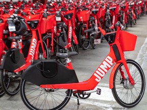 Jump’s system is dockless, meaning users can deposit and pick up the bikes anywhere, as long as they are affixed to bike racks with the U-lock that comes with each bike.
