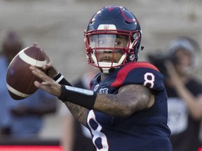 Montreal Alouettes' Vernon Adams Jr. passes against the Hamilton Tiger-Cats in Montreal on July 4, 2019.