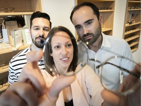 Optometrists Olivier Parenteau, left, Alex-Anne Harvey and Steven Sutton wanted their Plateau Mont-Royal clinic Uvée — Optométriste de Quartier to reflect the same commitment to eco-responsibility they show in their daily lives. They order frames from sellers that don’t use petroleum-based plastics or that use recycled metal; they deal with companies that use as little packaging as possible; and their space features local white oak shelving.