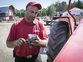 Phil Quinn, owner of Quinn Farm, does maintenance on one of his tractors.