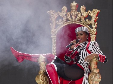 Janelle Monáe sings during her set on Day 2 of the Osheaga Music and Arts Festival at Parc Jean-Drapeau in Montreal Saturday, August 3, 2019.