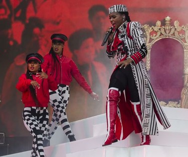 Janelle Monáe sings during her set on Day 2 of the Osheaga Music and Arts Festival at Parc Jean-Drapeau in Montreal Saturday, August 3, 2019.