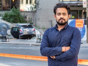 A speeding driver crashed into Complexe Desjardins on St-Urbain St. in Montreal early Monday Aug. 5, 2019. Toronto visiter Saumil Patel said after he tried to pull the driver from the car, he ran, and tried to commandeer Patel's car but was detained and held by Patel and friends until police arrived.