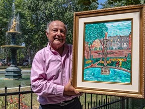 Montrealer David Schwartzman in front of the fountain in the centre of Sir George-Étienne Cartier Square in St-Henri on Tuesday, Aug. 6, 2019, with his painting of the fountain and the greystones beyond it.