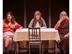 Pictured left to right: Leni Parker, Stefanie Buxton and Kathryn Kirkpatrick play sisters in the Hudson Village Theatre production of Daniel MacIvor's Marion Bridge.