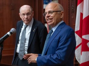 From left: Dr. Nahum Sonenberg, McGill University Professor of Biochemistry and Dr. Michael N. Pollak, clinical oncologist at the Jewish General Hospital and McGill Professor of Medicine, at the announcement of the Stand Up to Cancer Canada Metastatic Breast Cancer Dream Team at McGill University in Montreal on Monday August 12, 2019. The two are co-leaders of the Dream Team.