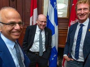 From left: Dr. Michael N. Pollak, McGill University professor of medicine; Dr. Nahum Sonenberg, McGill University professor of biochemistry; and MP Marc Miller at the announcement of the Stand Up to Cancer Canada Metastatic Breast Cancer Dream Team at McGill University in Montreal on Monday, Aug. 12, 2019. Sonenberg and Pollak are co-leaders of the Dream Team.