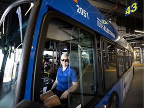 Société de transport de Laval driver Anik Vezina, a 20-year veteran of the STL, drives electric bus during its unveiling in Laval on Thursday, Aug. 15, 2019.