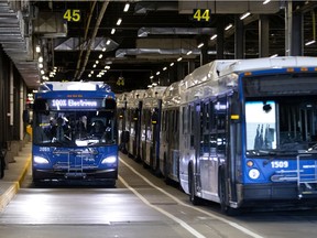 The first slow-charging electric bus rolls through  the STL garage in Laval on Thursday, Aug. 15, 2019.