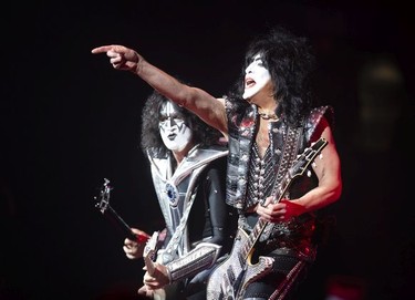 Paul Stanley points to the crowd as he performs with Tommy Thayer of KISS at their End of the Road farewell tour in Montreal, Quebec August 16, 2019.
