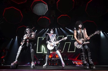 Gene Simmons, left, Tommy Thayer and Paul Stanley of KISS perform their End of the Road farewell tour in Montreal, Quebec August 16, 2019.
