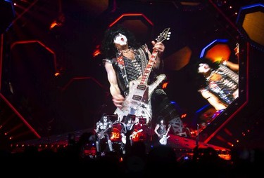 Paul Stanley, top and right, Gene Simmons, left, and Tommy Thayer of KISS perform their End of the Road farewell tour in Montreal, Quebec August 16, 2019.