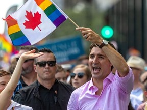 Justin Trudeau attends the Montreal Pride parade on Sunday, Aug. 18, 2019.