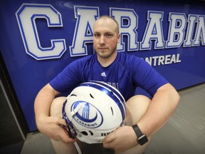 Université de Montreal Carabins kicker Louis-Philippe Simoneau in the team's locker room at the school in Montreal.