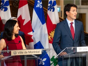 Prime Minister Justin Trudeau and Montreal Mayor Valérie Plante are seen at a press conference at Montreal City Hall on Wednesday, Aug. 21, 2019, where Trudeau announced Ottawa is pledging $50 million for Montreal's Grand Parc de l'Ouest.