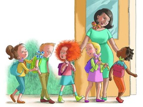 A detail of an inside illustration from the Quebec picture book Lili Macaroni shows redheaded Lili with classmates and a teacher who have adopted her polka-dot butterfly adornment as a sign of solidarity.