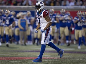 Montreal Alouettes defensive-end John Bowman reacts after making a play against the Winnipeg Blue Bombers at Molson Stadium in Montreal on Aug. 24, 2017.