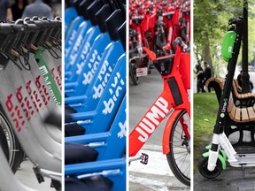 From left: Bixi, electric Bixi, Uber Jump and Lime e-scooter.