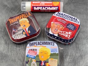 Boutique Surprise is a small gift and card shop, but what's flying off the shelves there these day are not mushy cards and cutesy gifts, but rather an array of anti-Trump mementoes: Trump mints (Impeachmints), lip balms, posties, soaps, salt and pepper shakers, stripping magnet dolls.