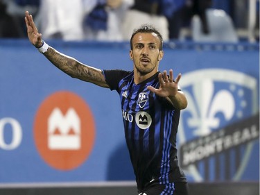 Montreal Impact forward Maximiliano Urruti celebrates his goal against the Vancouver Whitecaps on Aug. 28, 2019.