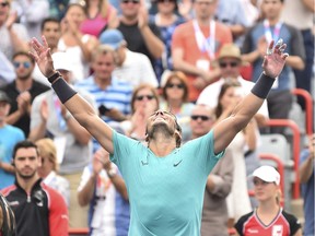 Rafael Nadal of Spain celebrates his 6-3, 6-0 victory over Daniil Medvedev of Russia during the men's singles final of the Rogers Cup at IGA Stadium on Saturday, August 11, 2019, in Montreal.