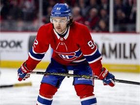 Canadiens forward Jonathan Drouin waits for a faceoff during first period against the Boston Bruins in Montreal on Dec. 17, 2018.