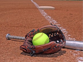 yellow ball bat and glove on the softball baseball field