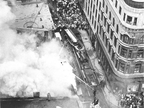 This photo was published in the Montreal Gazette Aug. 5, 1964, showing a fire in Montreal's financial district the previous afternoon. The blaze was at the Strand Tavern, 397 Notre Dame St. W. The photo's perspective is looking east along Notre-Dame St.