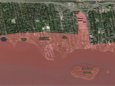Map of the Zone d'invervention spéciale flood map, as originally proposed, showing affected areas of Dorval.