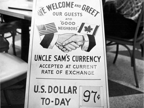 "We welcome and greet our guests and 'good neighbors.' Uncle Sam's currency accepted at current rate of exchange," reads the sign in this photo by George Cree that ran in our Aug. 21, 1972 edition. What may be startling to present-day readers is the posted exchange rate for the U.S. dollar: it was worth only 97 cents Canadian.