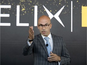 Videotron CEO Jean-François Pruneau announces the launch of its Helix platform at the company's headquarters in Montreal on Tuesday, Aug. 27, 2019.
