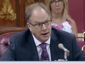 Stéphane Giroux, president of the Fédération professionnelle des journalistes du Québec, appears before a National Assembly committee hearing into the future of news media on Tuesday, Aug. 27, 2019.