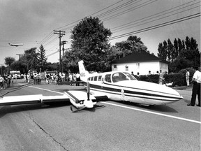 This photo of a Cessna 402 that had made an emergency landing on Cardinal Ave. in Dorval the previous day appeared on the front page of the Montreal Gazette on Sept. 2, 1981.