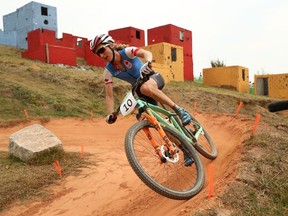 Two-time world champion Catharine Pendrel, seen here during the Rio Olympics, was part of the Canadian team that finished fifth in the mountain biking relay event Wednesday at Mont-Ste-Anne.