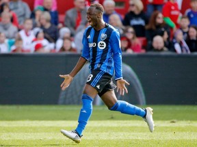 Montreal Impact 's Ballou Tabla celebrates after scoring a goal against the Chicago Fire on April 1, 2017, in Bridgeview, Ill.