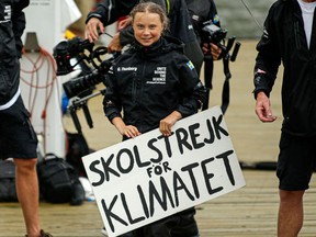 Swedish climate activist Greta Thunberg, 16, arrives in the U.S. after a 15-day journey crossing the Atlantic in the Malizia II, a zero-carbon yacht, on Aug. 28, 2019, in New York. She is coming to Montreal to attend a major protest rally on Sept. 27.