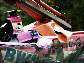 A picture taken on August 31, 2019 shows the damaged car of BWT Arden's French driver Anthoine Hubert following a serious accident involving several drivers during a Formula 2 race at the Spa-Francorchamps circuit in Spa, Belgium.