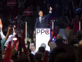Maxime Bernier, leader of the People's Party of Canada, gives the thumbs up at the end of his speech at the launch of his campaign, Sunday, August 25, 2019 in Sainte-Marie-de-Beauce.