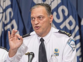 Montreal Chief of Police Philippe Pichet speaks to the media at a news conference in Montreal, Monday, Oct. 31, 2016. Pichet is moving to the northernmost city in Quebec accessible by road and becoming the Director General of the town of Fermont.